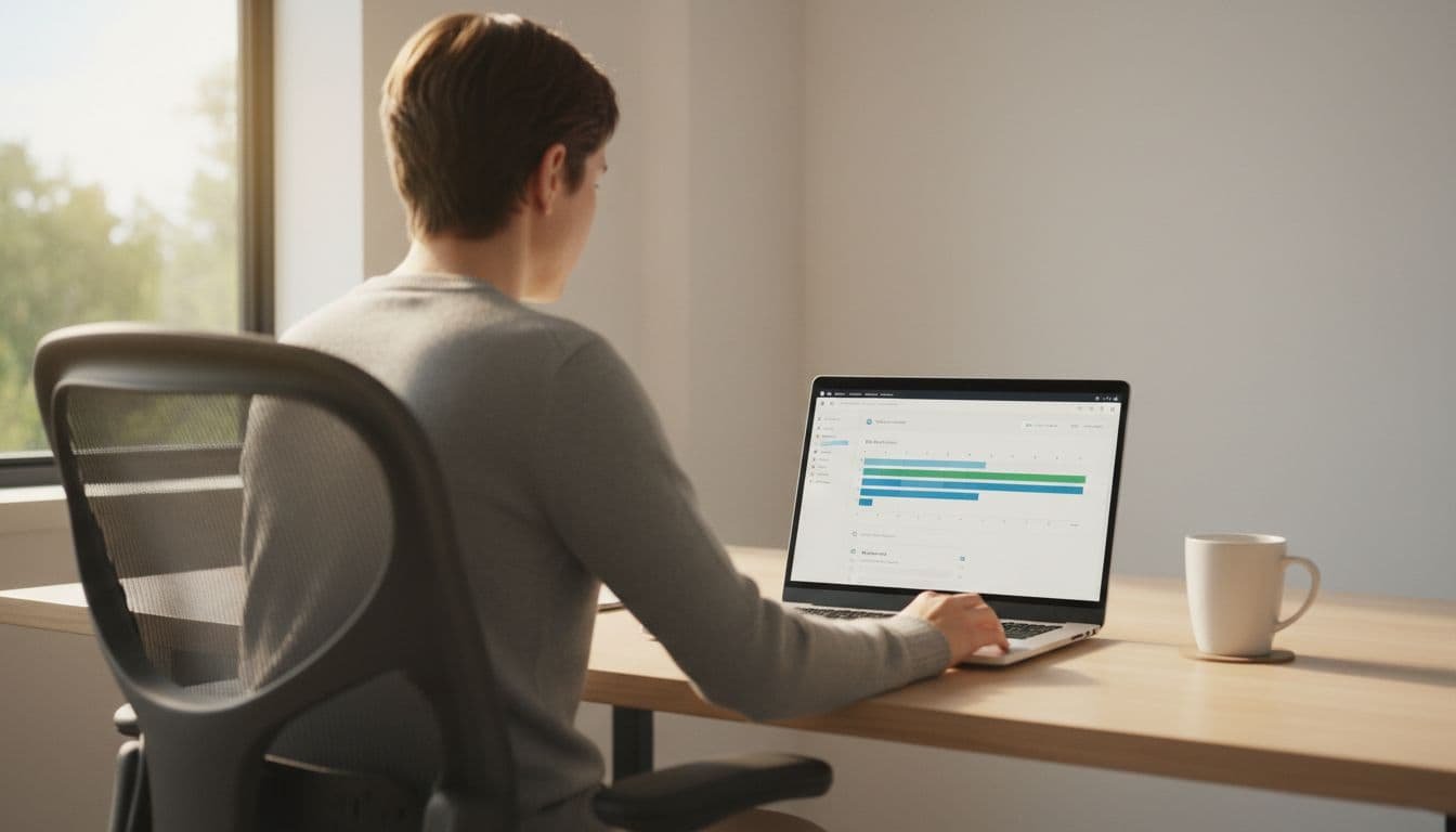 A simple modern desk setup with a laptop open to a 14-day project timeline dashboard, coffee mug nearby, natural daylight from a window, soft lighting, and one person partially visible from behind focusing on the screen.