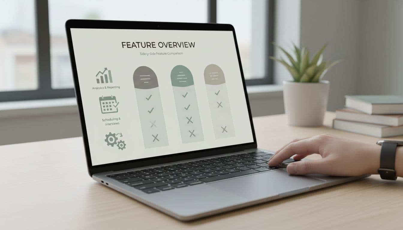 Laptop screen in a professional office setting displays a comparison chart for three ATS tools, featuring abstract icons for analytics graphs, calendar scheduling, and integration symbols in neutral colors.