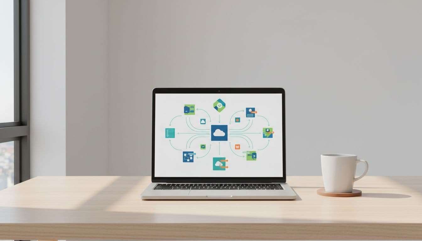 Laptop on minimalist desk shows abstract cloud infrastructure diagram with workflow arrows; coffee mug nearby.
