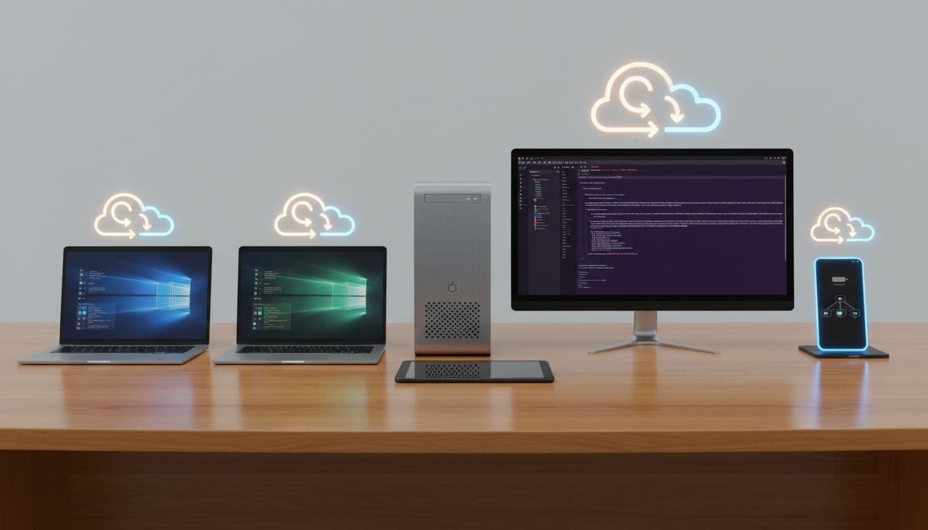 Diverse devices including laptops, desktops, tablets, and smartphones arranged on a wooden conference table, with faint glowing cloud sync icons above each device, captured in realistic product photography style under soft overhead studio lighting.