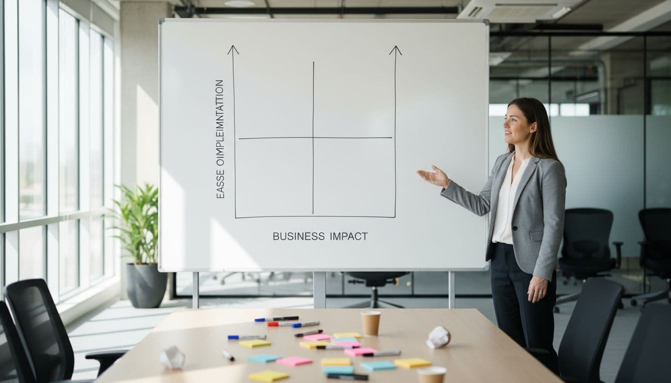 Clean whiteboard displays empty 2x2 matrix with business impact and ease axes in modern office; one professional points at it beside table with sticky notes and markers.