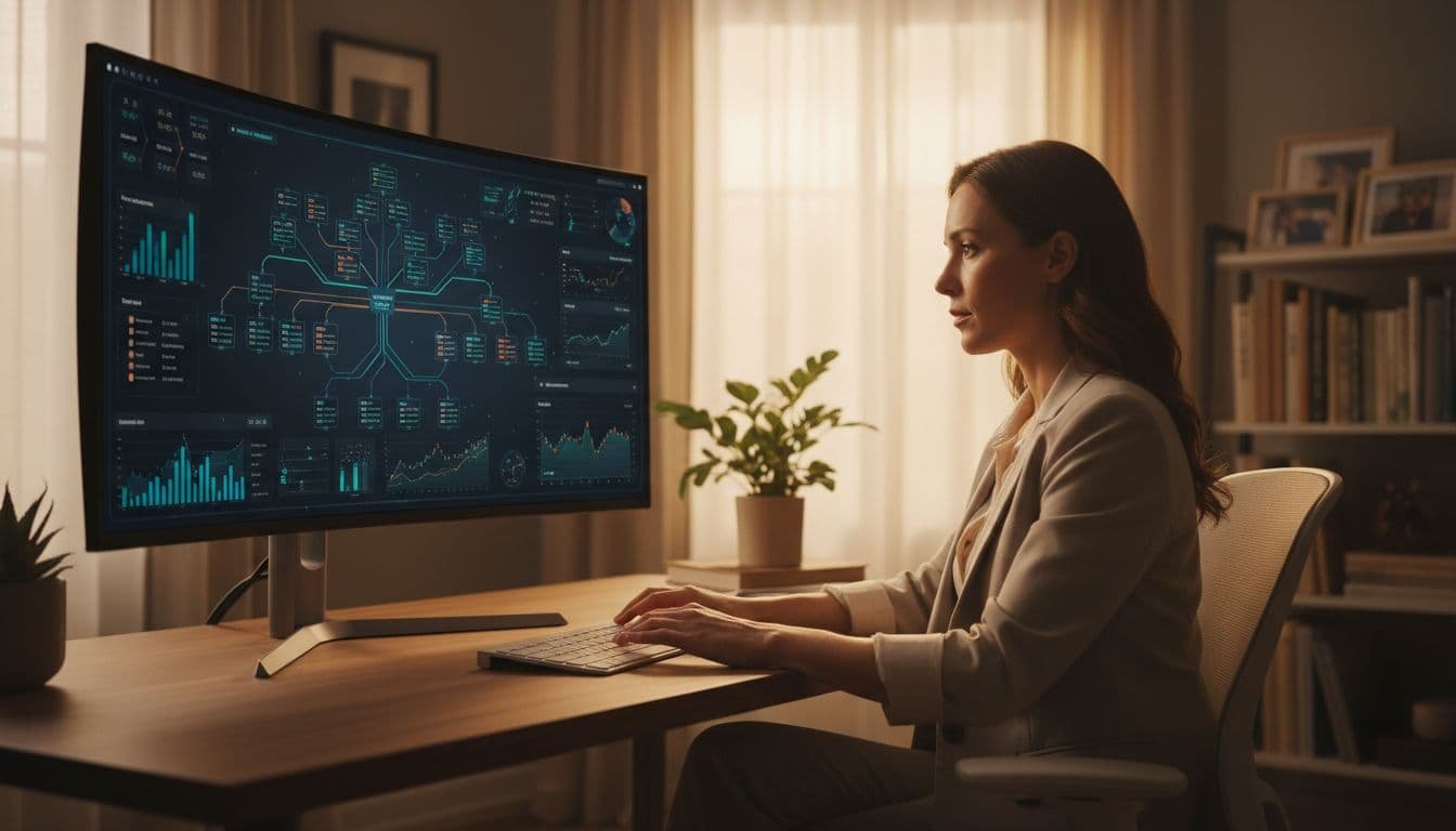 A finance professional relaxes at a modern home office desk, reviewing financial charts on a monitor featuring scenario planning elements like branching paths and metrics overlays, with hands on the keyboard under warm lighting.