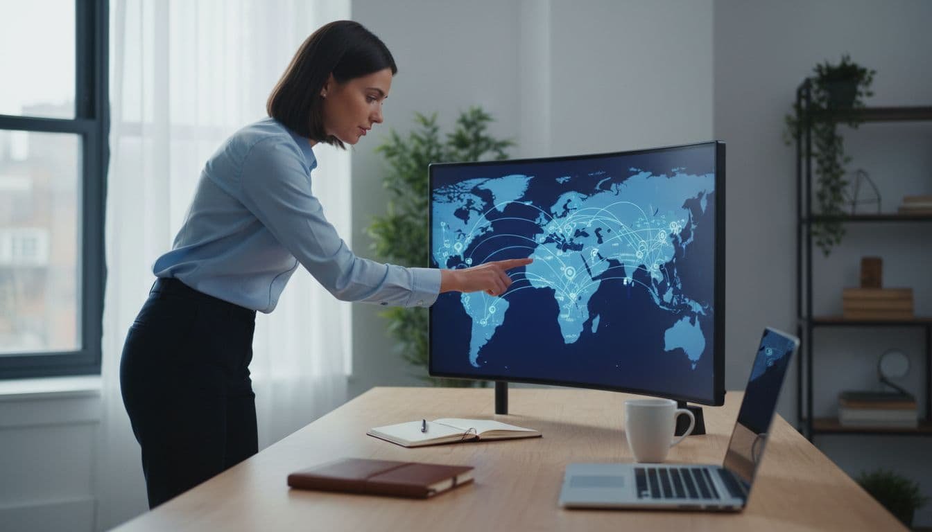 Office desk with a digital world map displaying pins in the US, Europe, and Asia, a business casual team member pointing at the map, notebook and coffee nearby, in photorealistic style with natural indoor lighting.