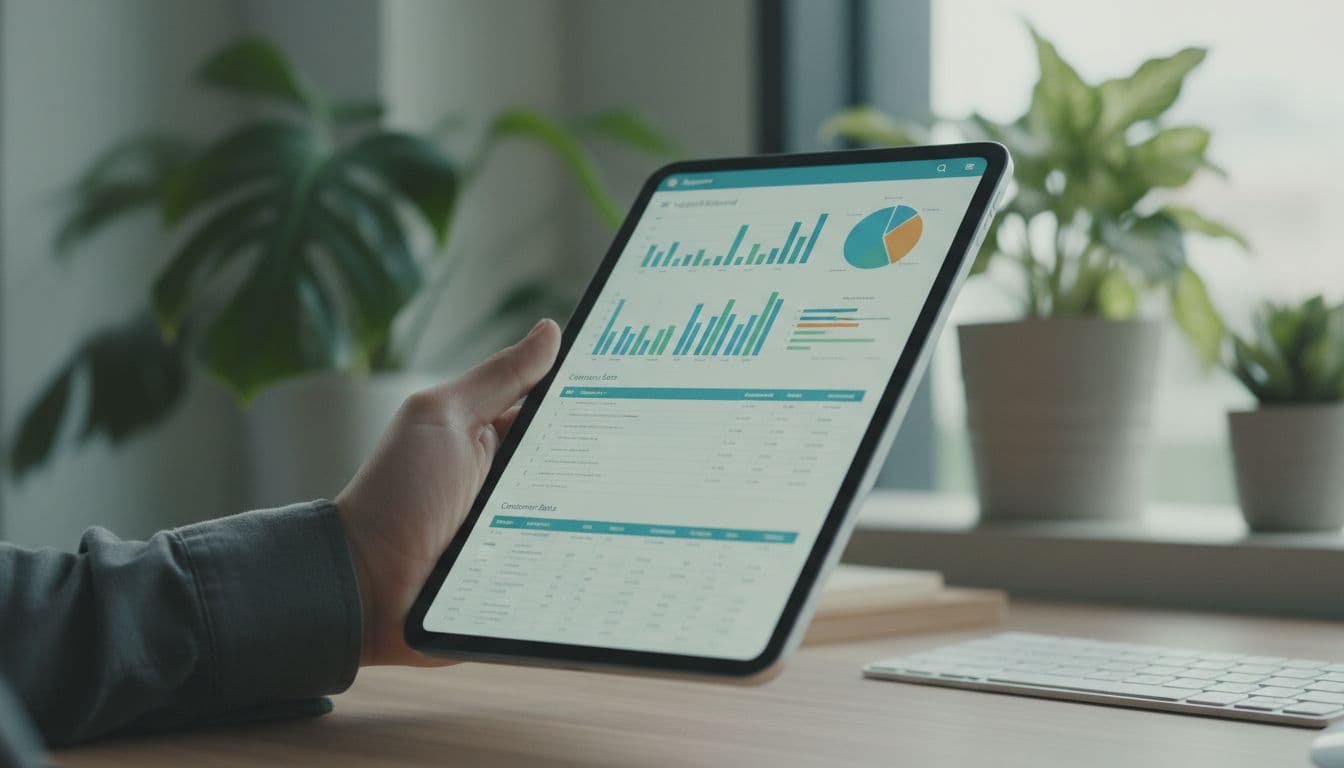 Support dashboard interface on a tablet held by one hand in relaxed pose, in a contemporary workspace with plants, photorealistic style.