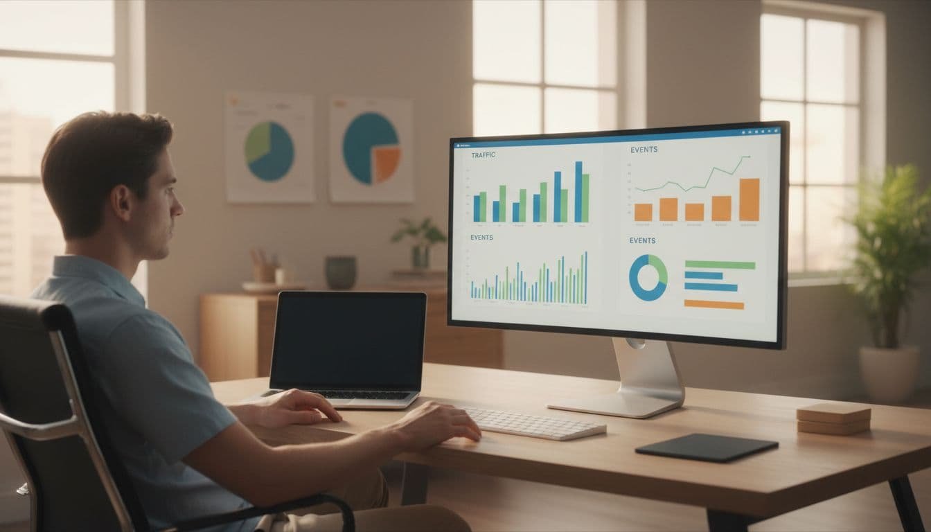 Person at modern desk in home office views analytics dashboard on large monitor with simple charts, hands relaxed on desk, laptop nearby.