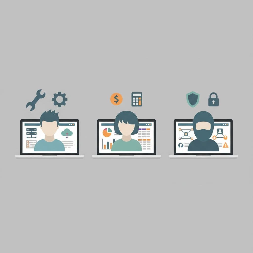 Three flat design icons depicting an IT admin, finance manager, and security officer reviewing SaaS tools on laptops, arranged side-by-side on a neutral background.