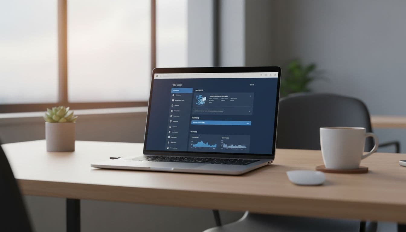 Clean office desk with a laptop open to a password manager dashboard showing team vaults and reports, coffee mug nearby, soft office lighting, realistic photo style.