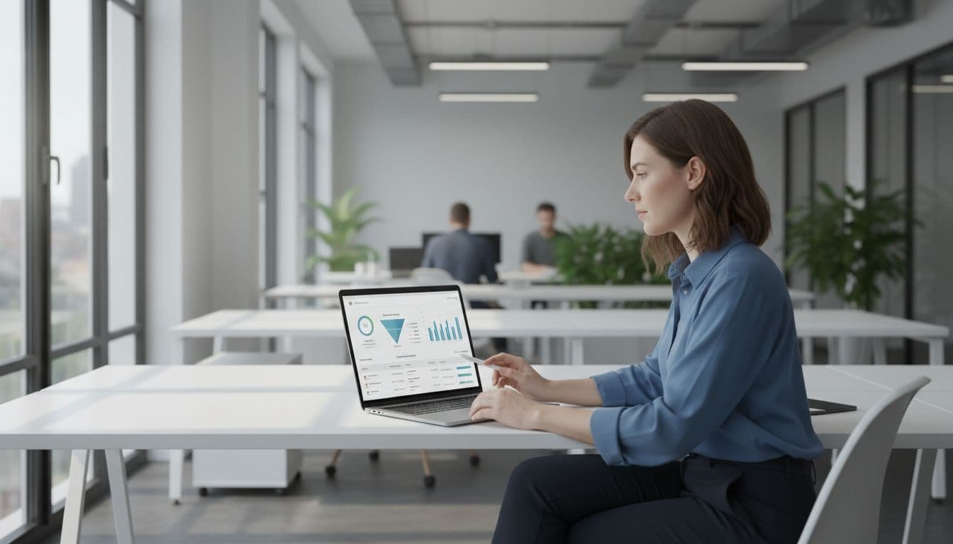 A single professional recruiter works at a desk in a modern office, with a laptop displaying an angled view of an ATS dashboard interface under soft natural lighting.