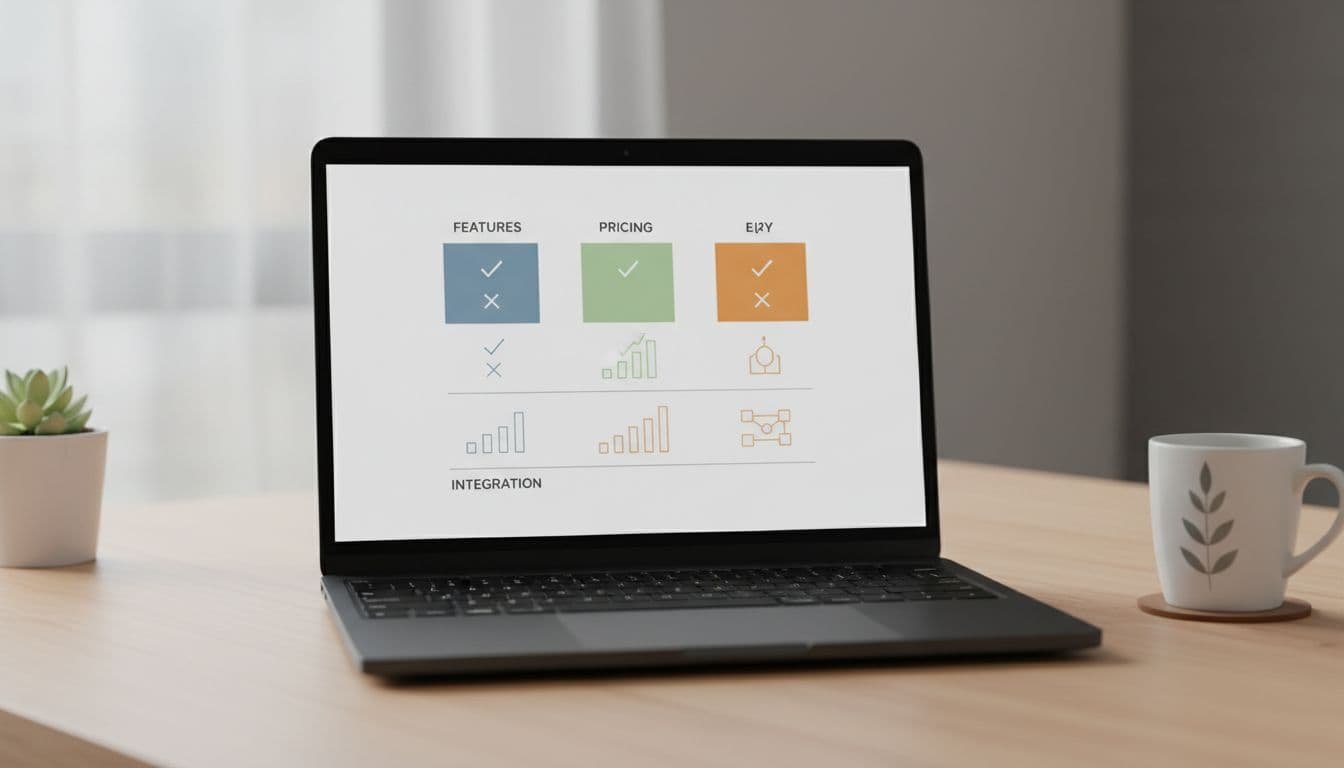Clean laptop screen displaying a simple comparison chart of three internal tool platforms for SaaS admin panels on a modern office desk with coffee mug nearby, professional realistic style with soft natural lighting.