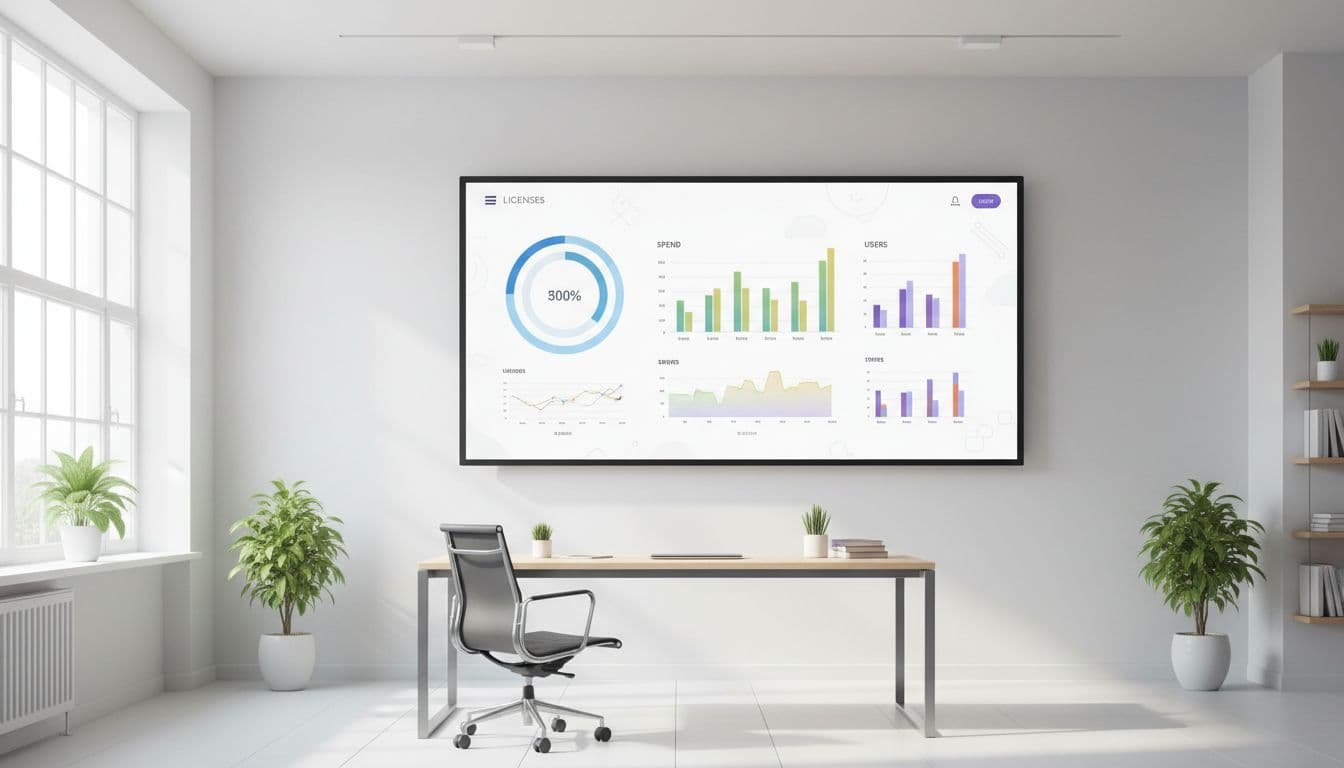 Office dashboard screen showing SaaS app usage analytics with charts for licenses, spend, and users; modern clean interface on a large monitor in a bright IT office.