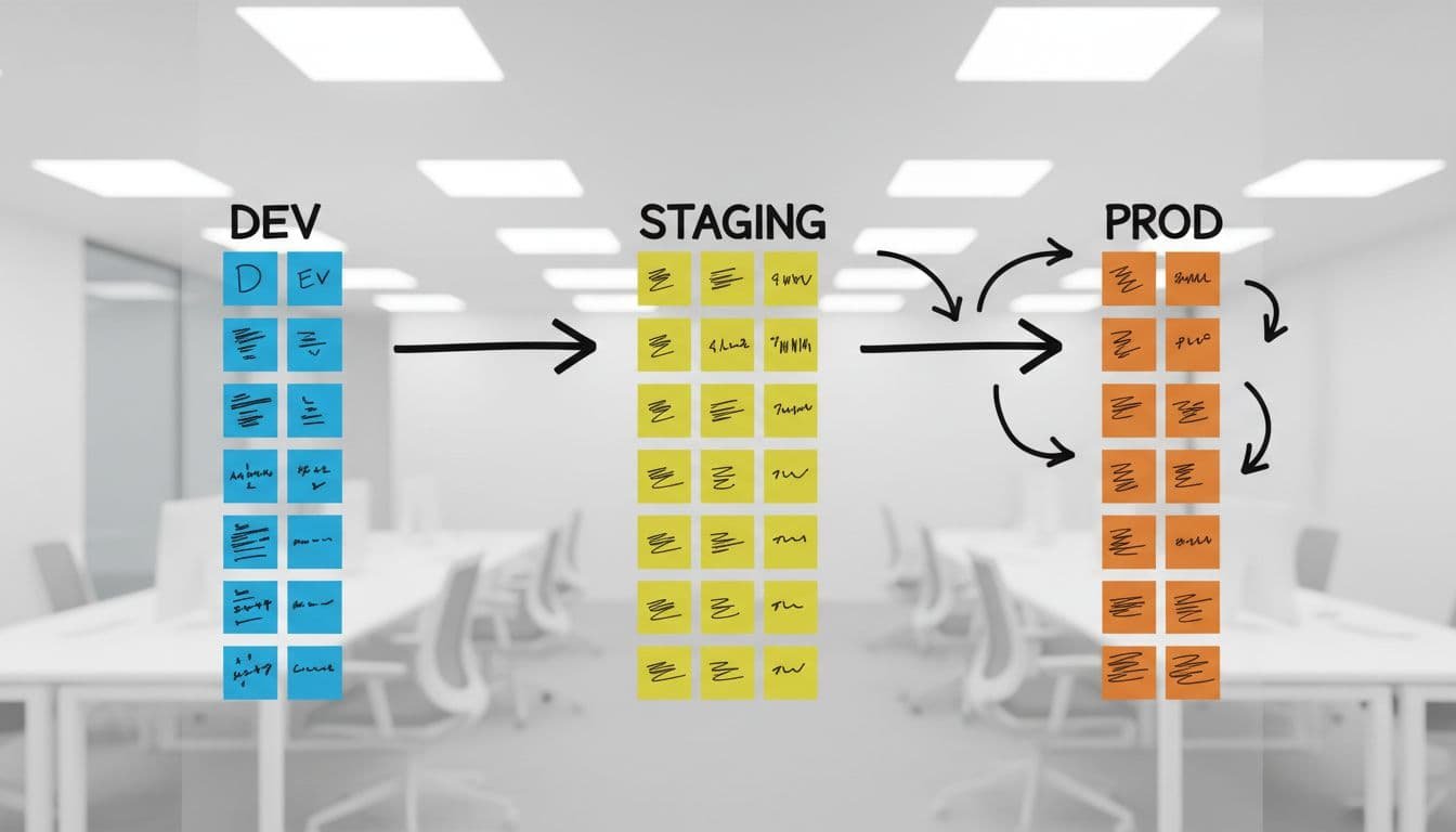 Whiteboard with sticky notes labeling dev, staging, prod environments and arrows showing promotion workflows in modern office.