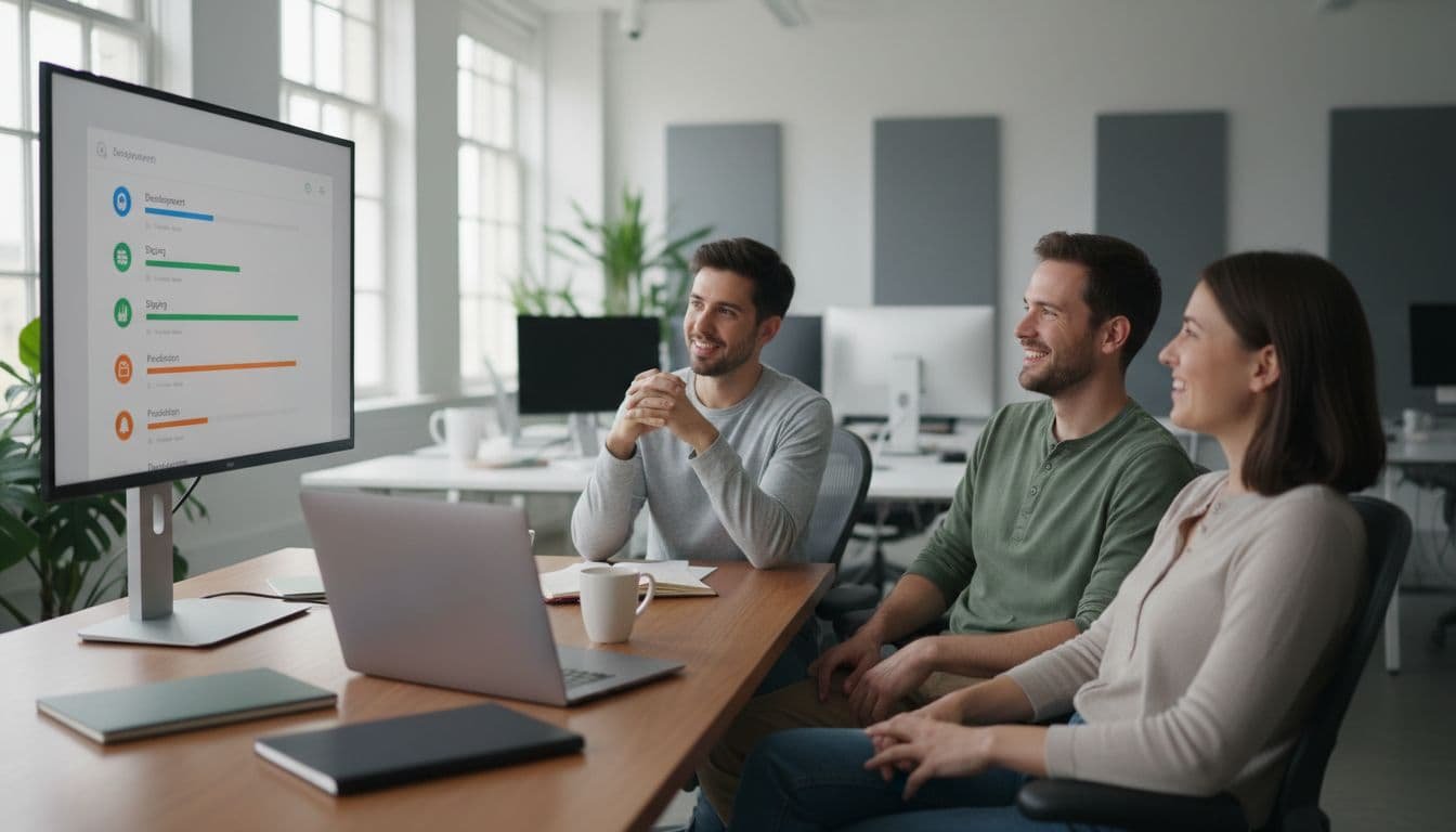 A small SaaS engineering team of three people in a modern office collaborates around a shared screen showing a simple secrets dashboard with environment icons, featuring relaxed poses and natural daylight lighting in a clean realistic style.