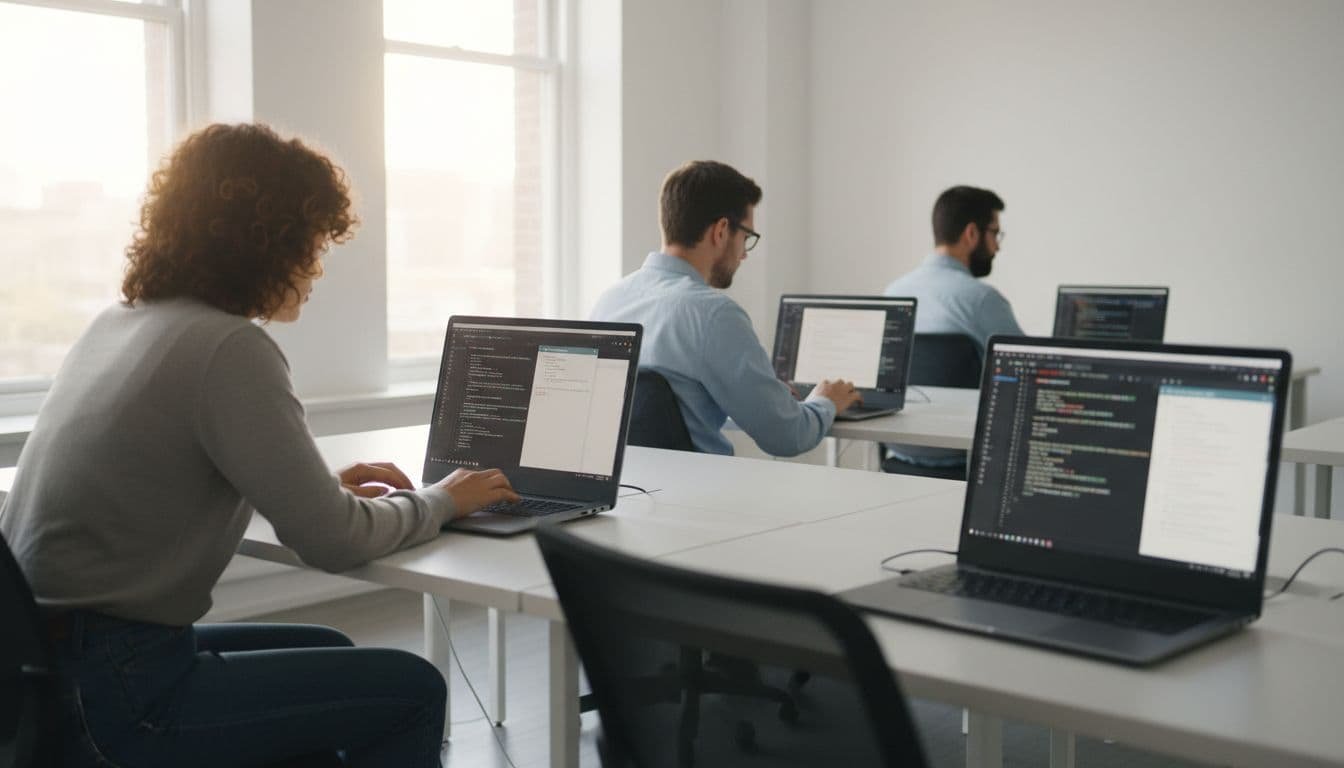 Three SaaS engineers in a bright open office at separate desks, focused on debugging, scaffolding, and PR reviews with laptops showing AI coding suggestions.