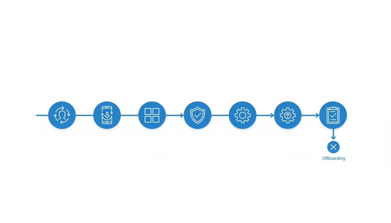 Simple flowchart illustrating device enrollment to offboarding steps for SaaS MDM, with icons for identity sync, zero-touch setup, app deployment, policy application, patch updates, and compliance checks connected by a single arrow path in minimal flat vector style on white background.