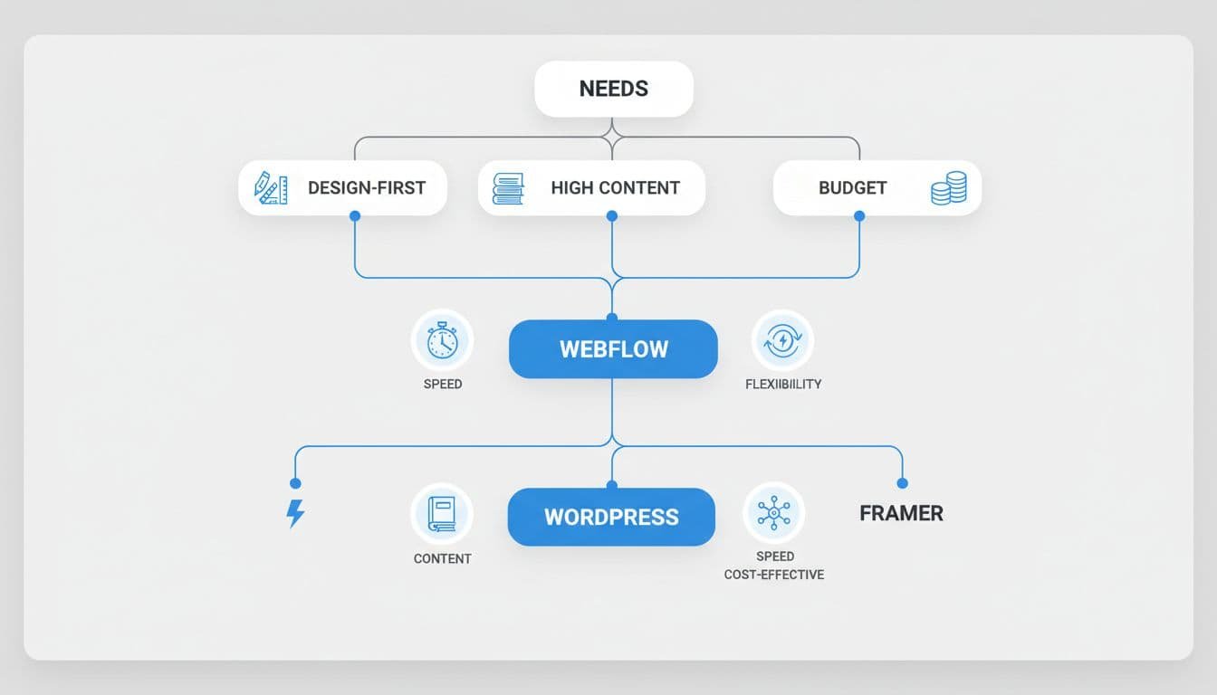 Minimalist decision tree branches from design focus, content volume, budget to Webflow, Framer, WordPress with icons.