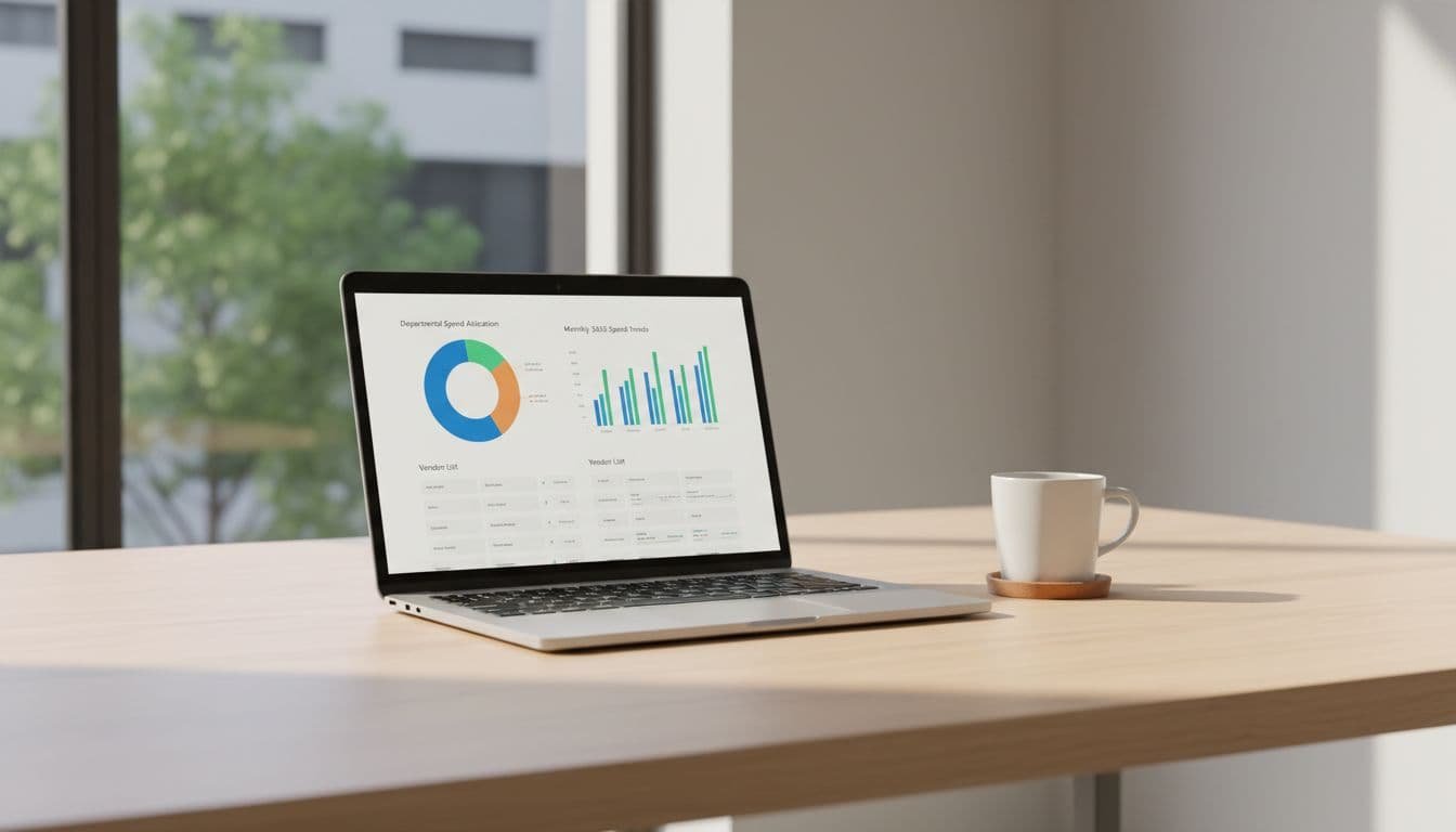 A clean office desk with a laptop open to a SaaS procurement dashboard displaying spend charts and vendor lists, a coffee mug nearby, natural daylight from a window, in a modern minimalist style with soft lighting, no people or extra devices.