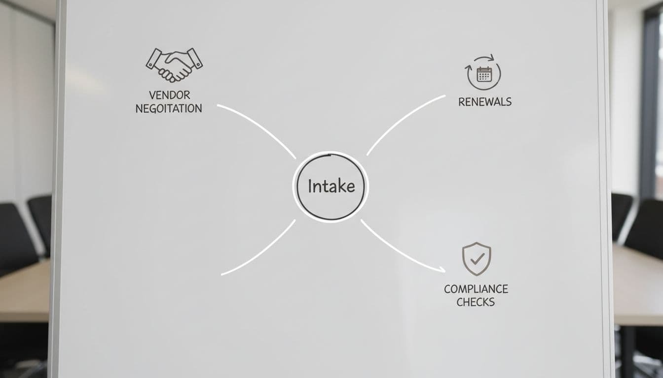 Whiteboard-style sketch in a meeting room depicting three workflow paths branching from a central intake point: vendor negotiation, renewals, and compliance checks, with simple icons, neutral colors, clean lines, no text or people.