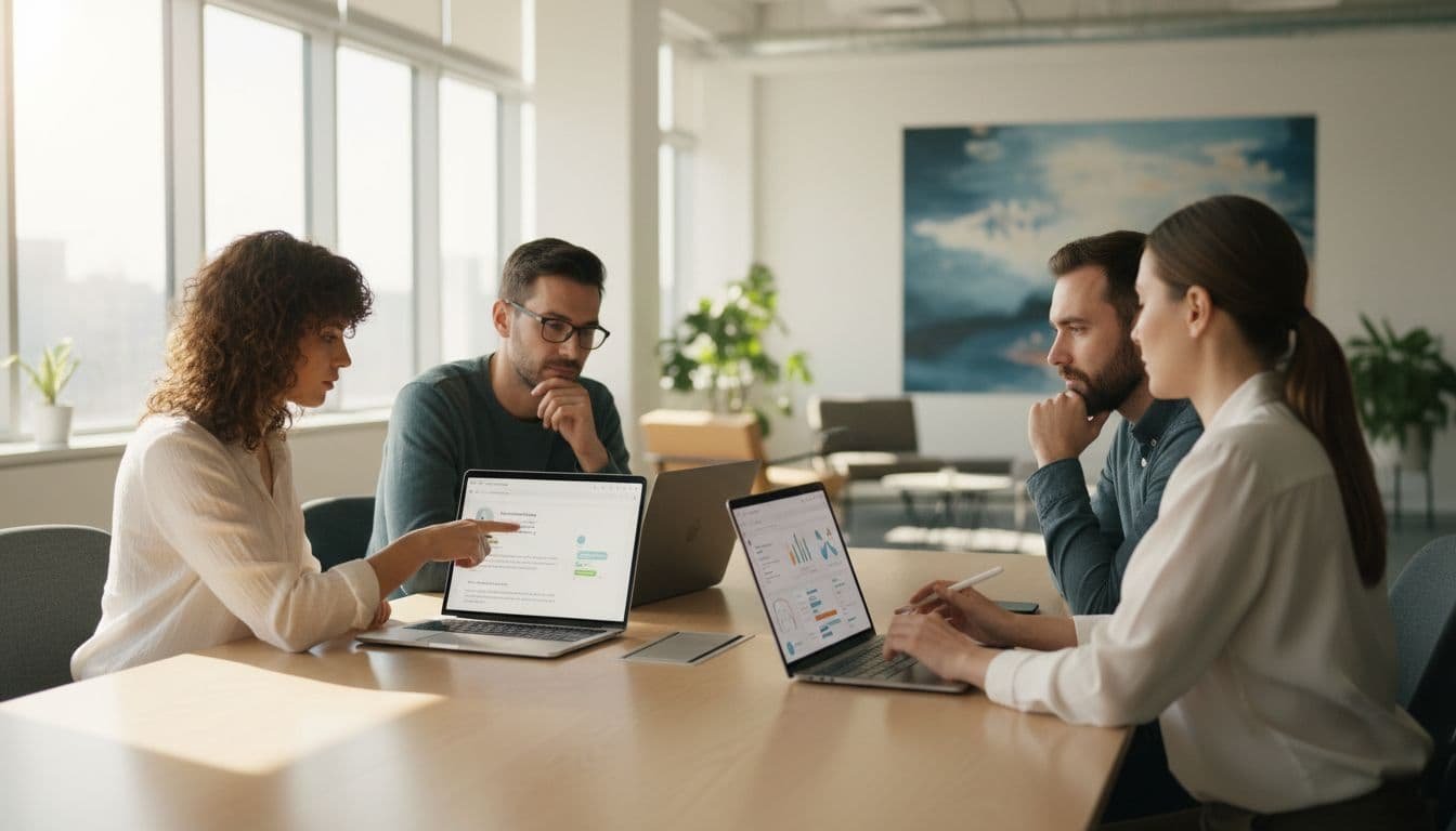 Four people around conference table in modern office view collaboration interfaces on two laptops and one tablet.