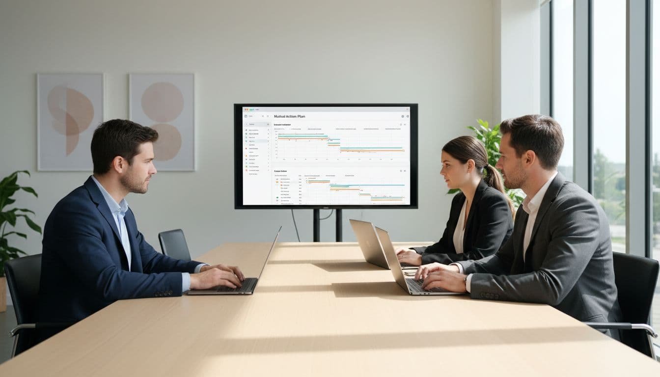 A sales representative and two buyers collaborate in a modern office, reviewing a shared digital mutual action plan on a large screen and two laptops under natural lighting.