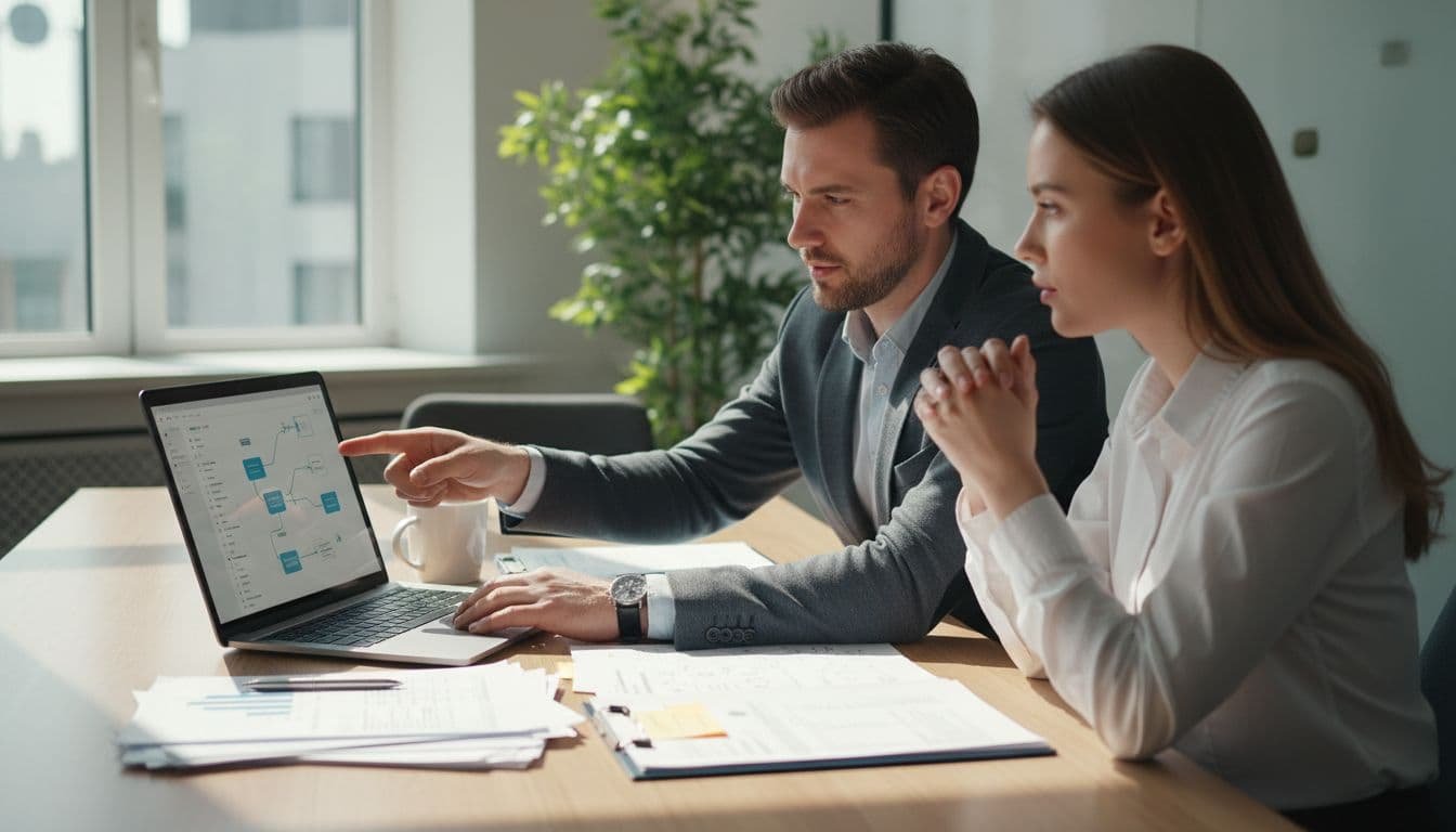 Small sales team of two people at a table in a bright conference room, using a laptop open to a digital MAP workflow interface with printed documents nearby, illustrating the shift from spreadsheets to structured tools.