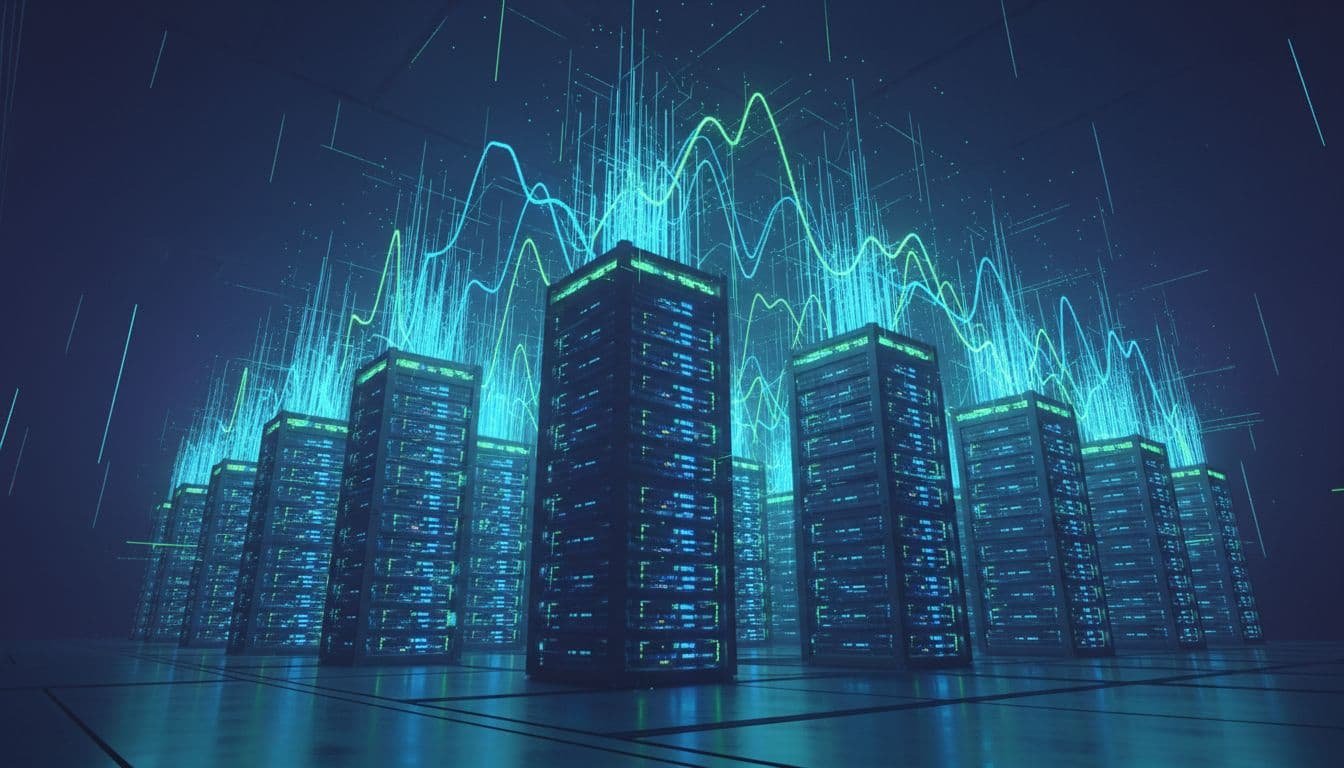 Scalable cloud runners in a data center environment, stacks of glowing server containers growing vertically with job queue graphs rising, blue and green lighting, dynamic angled composition, realistic 3D render style.
