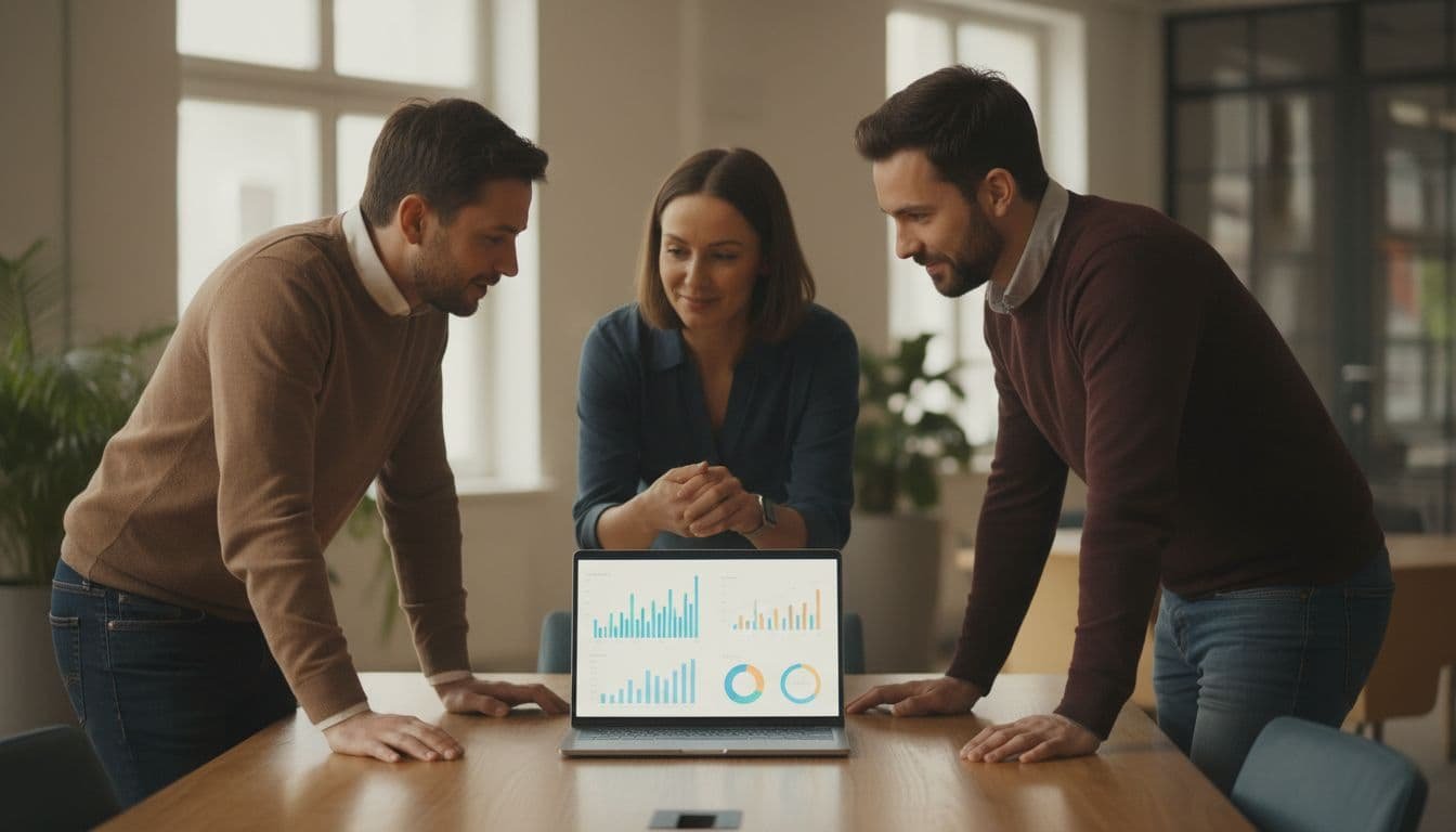 A small startup team consisting of two founders and one marketer sits around a conference table in a modern co-working space, reviewing SaaS referral program analytics on a shared laptop screen with charts and graphs, featuring casual professional attire and engaged expressions under soft window lighting.