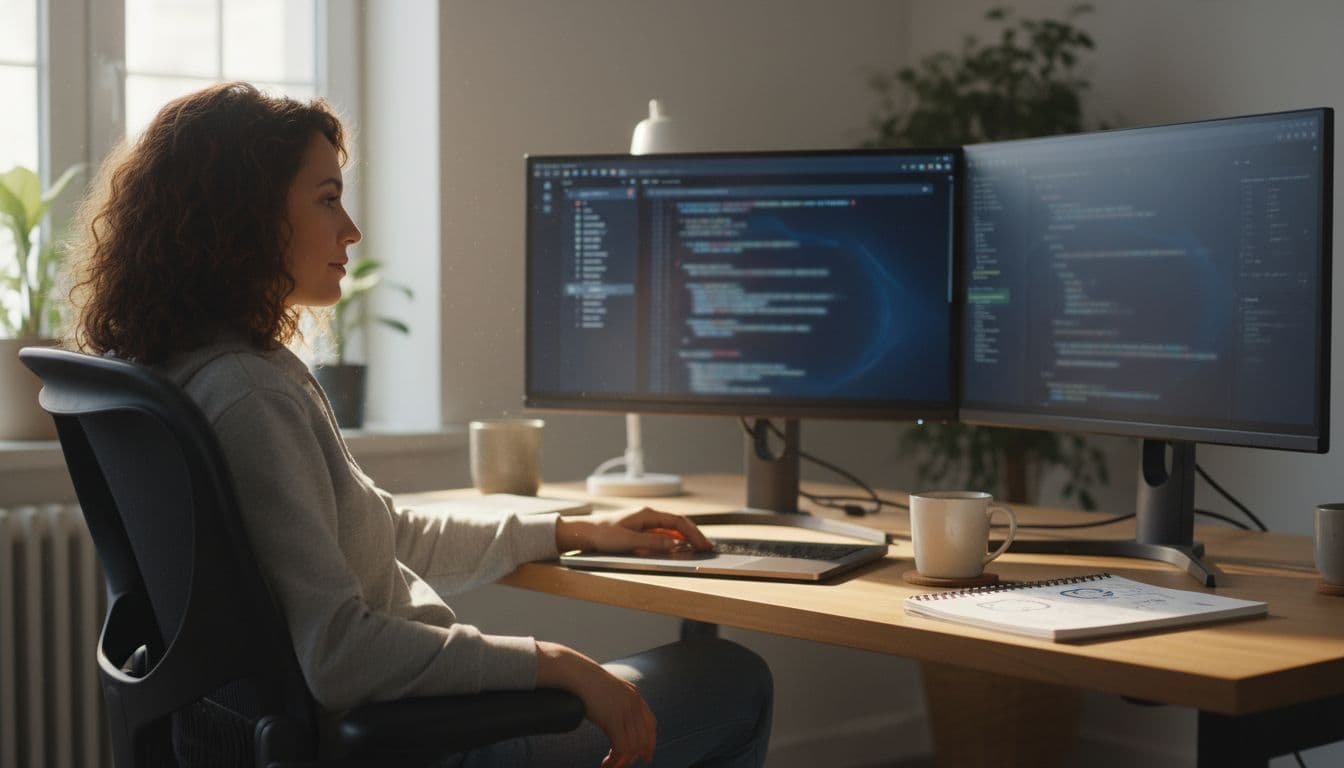 Clean home office of a solo SaaS developer with dual monitors displaying AI-indexed codebase, file trees, and chat interfaces, plus coffee mug, notebook sketches, and natural lighting.