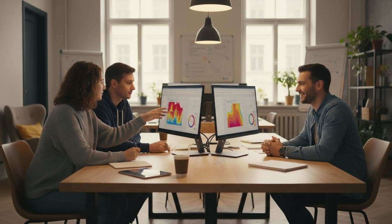 Three people around a table review usability test heatmaps on shared screens, one pointing at data.