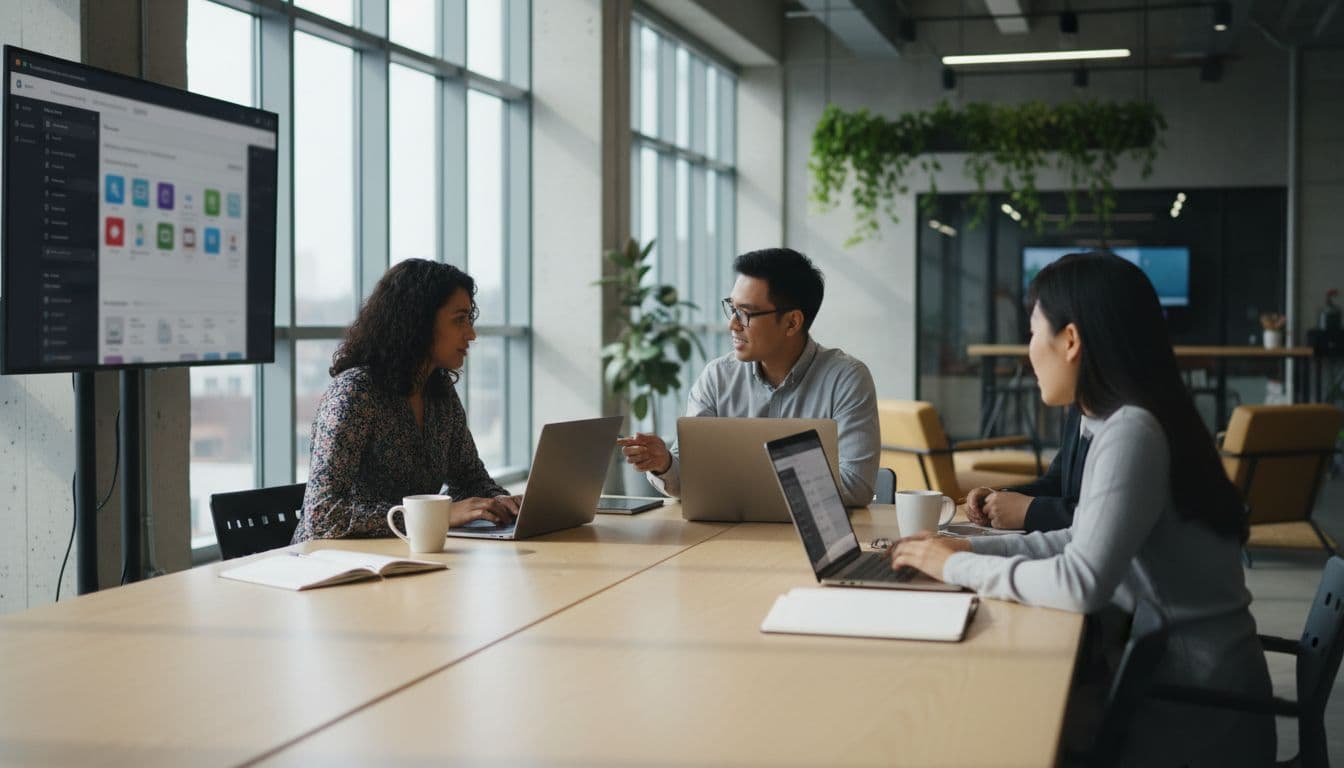Three diverse professionals in a modern SaaS office setting collaborate using laptops with subtle password manager interfaces on screens, shared screens, and natural daylight lighting.
