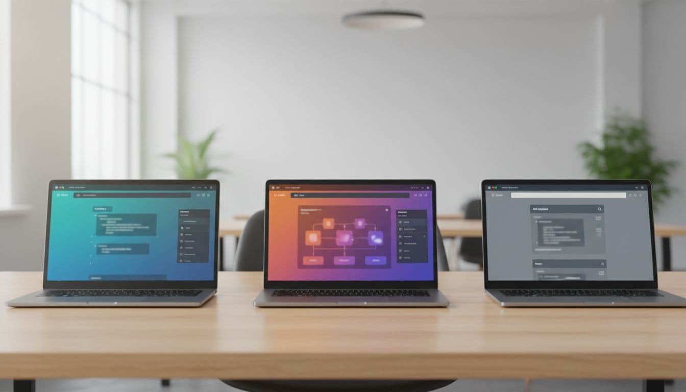 Three modern laptops arranged side by side on a clean wooden desk in a bright office, each screen showing abstract representations of API documentation interfaces with blurred code blocks, interactive panels, and navigation elements.