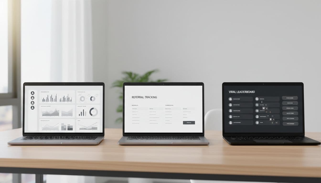 Three laptop screens side by side on a modern wooden desk displaying partner marketplace dashboard, affiliate referral tracking, and viral referral leaderboard in a clean professional style.