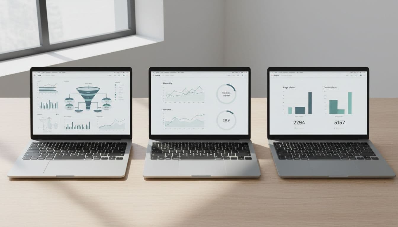Top-down view of clean office desk with three laptops showing analytics dashboards: complex graphs left, traffic charts middle, page views right.