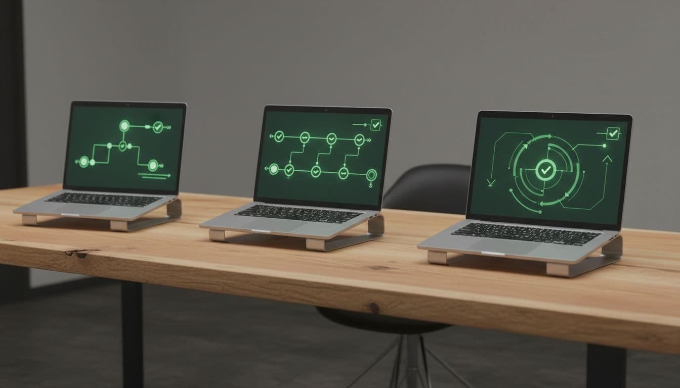 Photorealistic modern developer workspace with three laptops side by side on a clean desk, each displaying abstract green pipeline diagrams with checkmarks and arrows for workflow success.