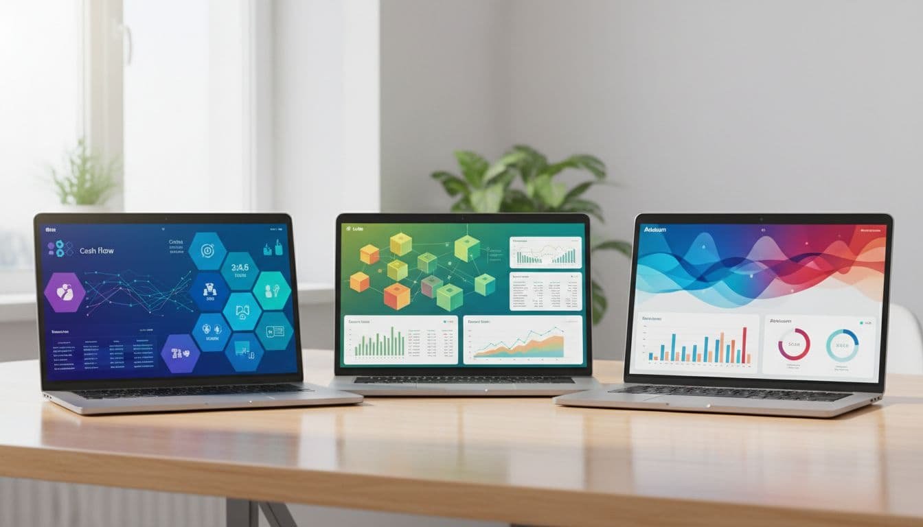 Three laptop screens side by side on a wooden desk in a bright office, each displaying abstract colorful financial dashboards with charts, graphs, and metrics in realistic style.