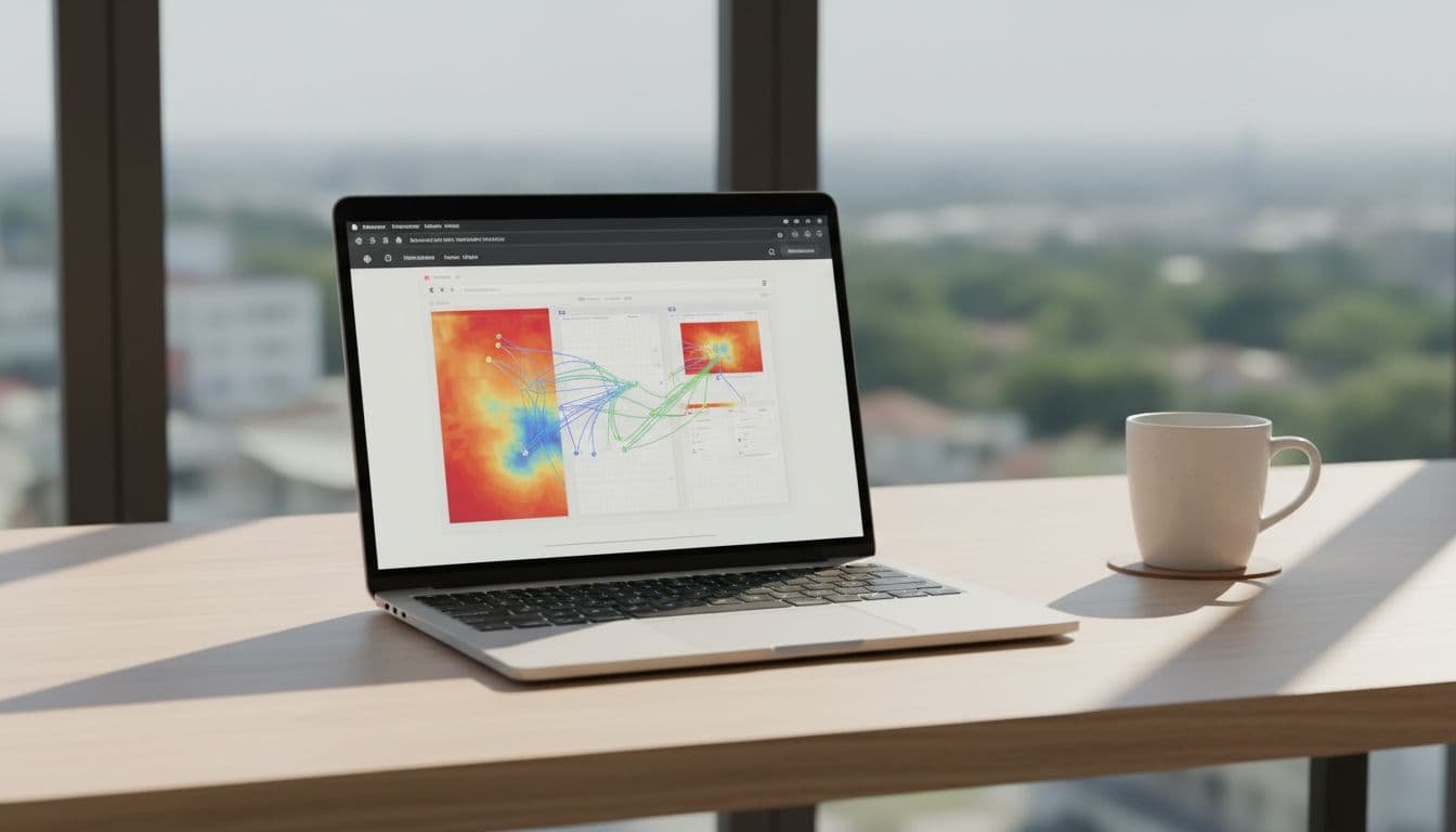 Clean office desk with open laptop showing usability testing dashboard heatmaps and user paths, coffee mug nearby, natural window light.