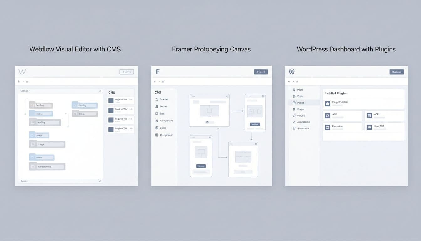 Three panels show minimalist wireframes of Webflow CMS editor, Framer prototyping canvas, and WordPress plugin dashboard.