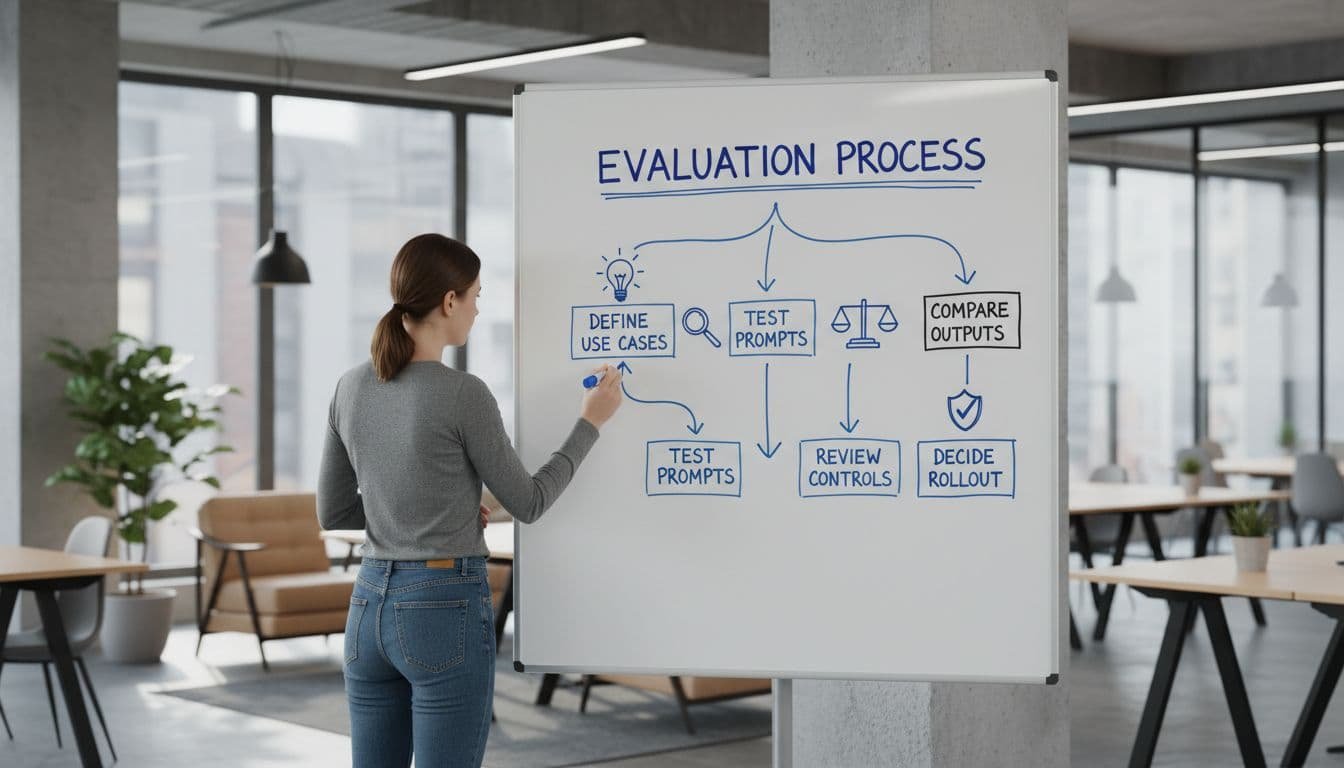 One person writes step-by-step flowchart with icons on whiteboard in bright startup office.
