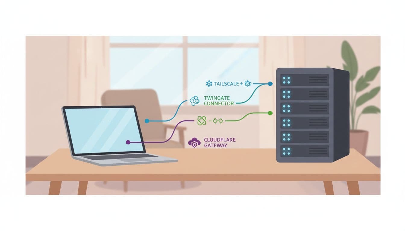 Clean illustration of a laptop in a home office connecting securely to a private server via Tailscale (WireGuard), Twingate connector, and Cloudflare gateway in a simple flowchart style on a desk background.