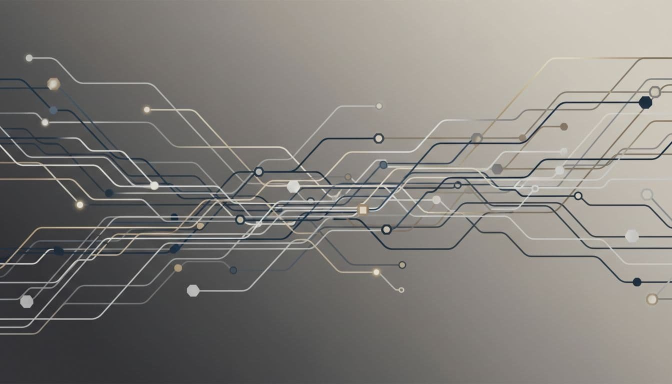 An abstract network diagram displays interconnected paths and nodes representing complex business strategy relationships.
