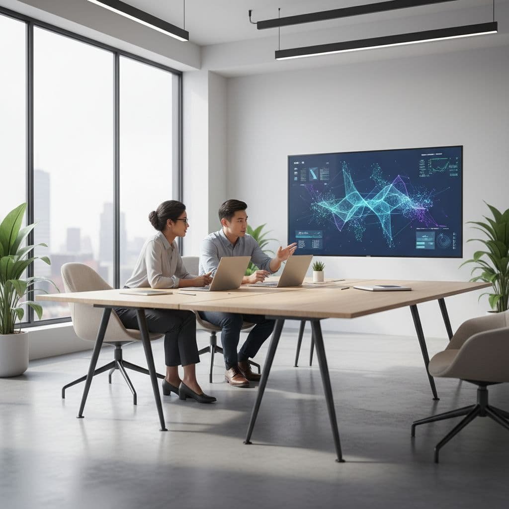 Two diverse professionals collaborate in bright modern office before large monitor with abstract data visualizations.