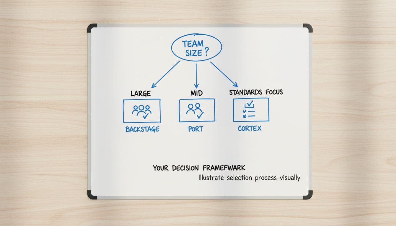 Top-down view of whiteboard on office desk showing decision flowchart for developer portals, branching by team size to Backstage, Port, and Cortex with simple icons.