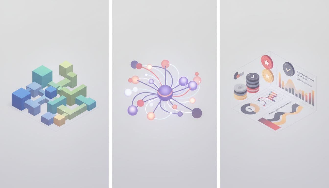 Three isometric panels show left plugin blocks, center interconnected nodes, right scorecard metrics.
