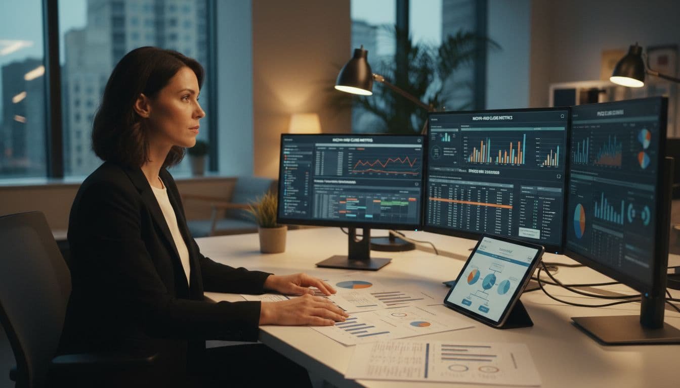Finance leader at desk examines month-end metrics on multiple screens amid charts and reports.