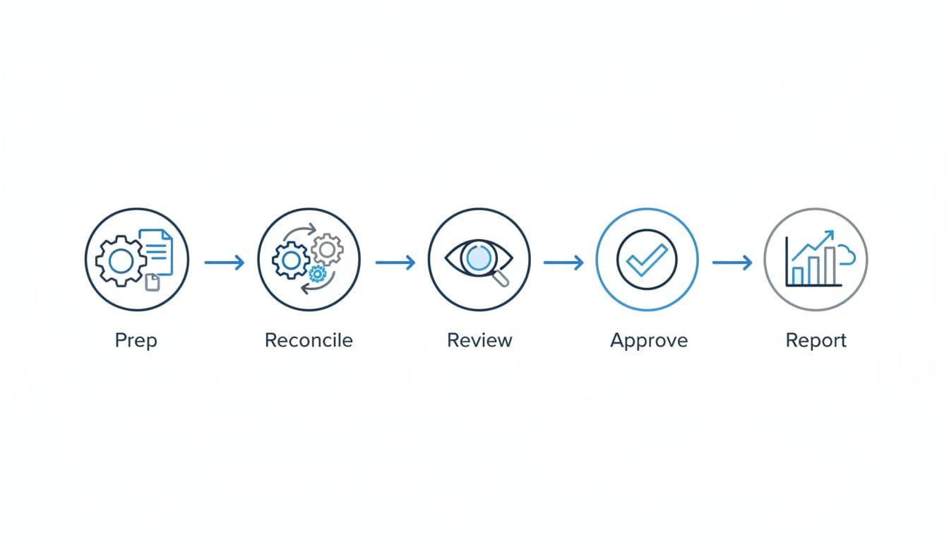 Abstract icons for prep, reconcile, review, approve, and report steps connected by arrows on white background.