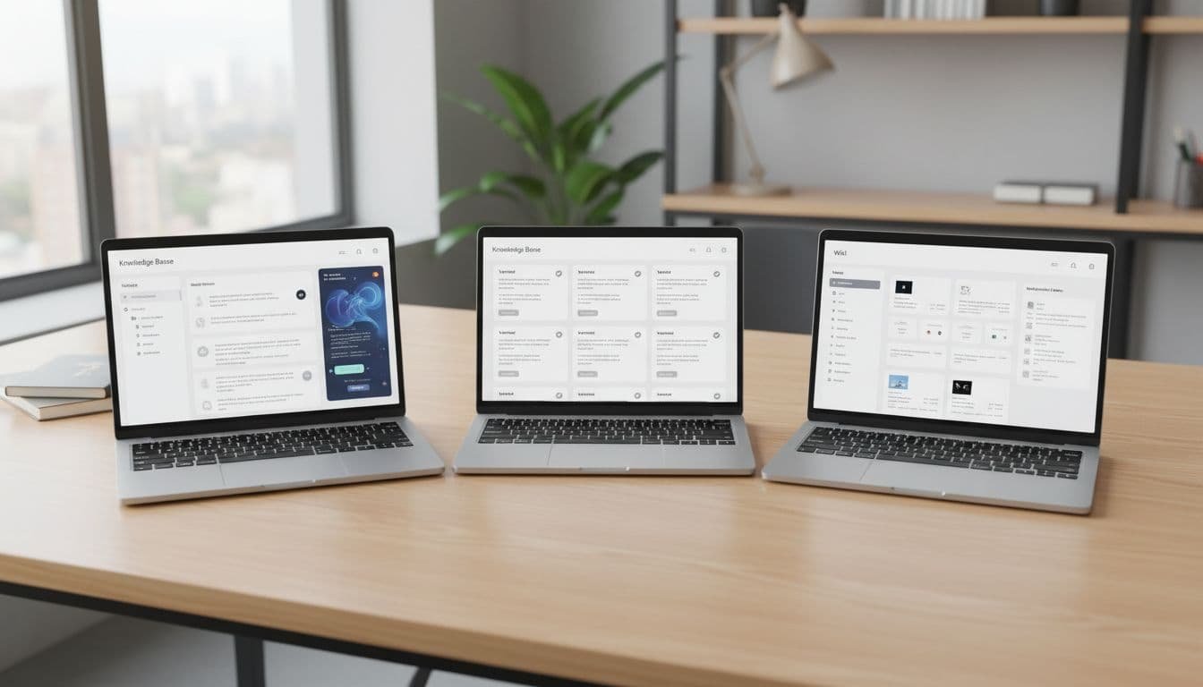 Top-down view of three laptops in a clean workspace showing Glean, Guru, and Slab knowledge base search interfaces side-by-side.