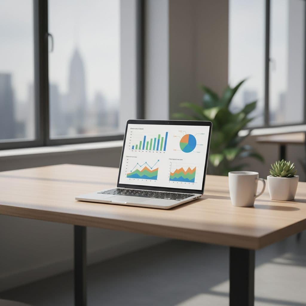 A clean desk featuring an open laptop displaying professional growth charts bathed in soft natural light.