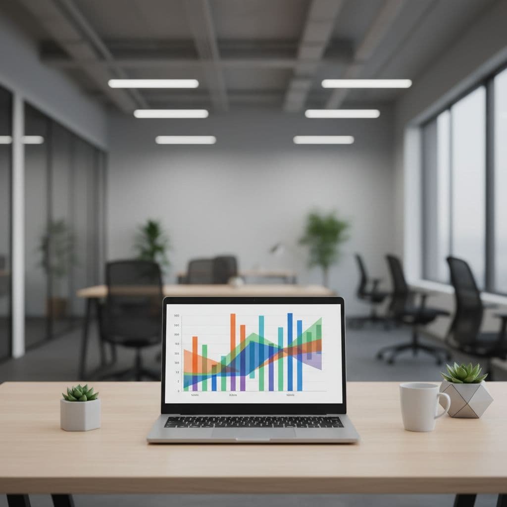 A laptop on a clean desk displays a professional data dashboard with abstract sales charts.