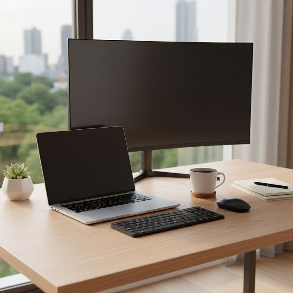 A sleek wooden desk features a laptop displaying complex data charts for financial analysis. A steaming ceramic mug and organized stationery sit nearby, illuminated by warm light from a side window.