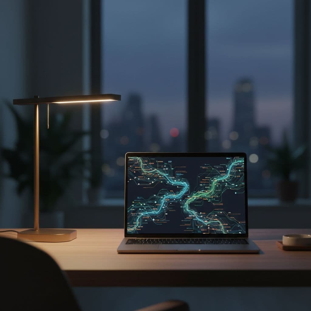 Clean modern office desk with laptop showing abstract data visualization charts, lit by warm desk lamp.