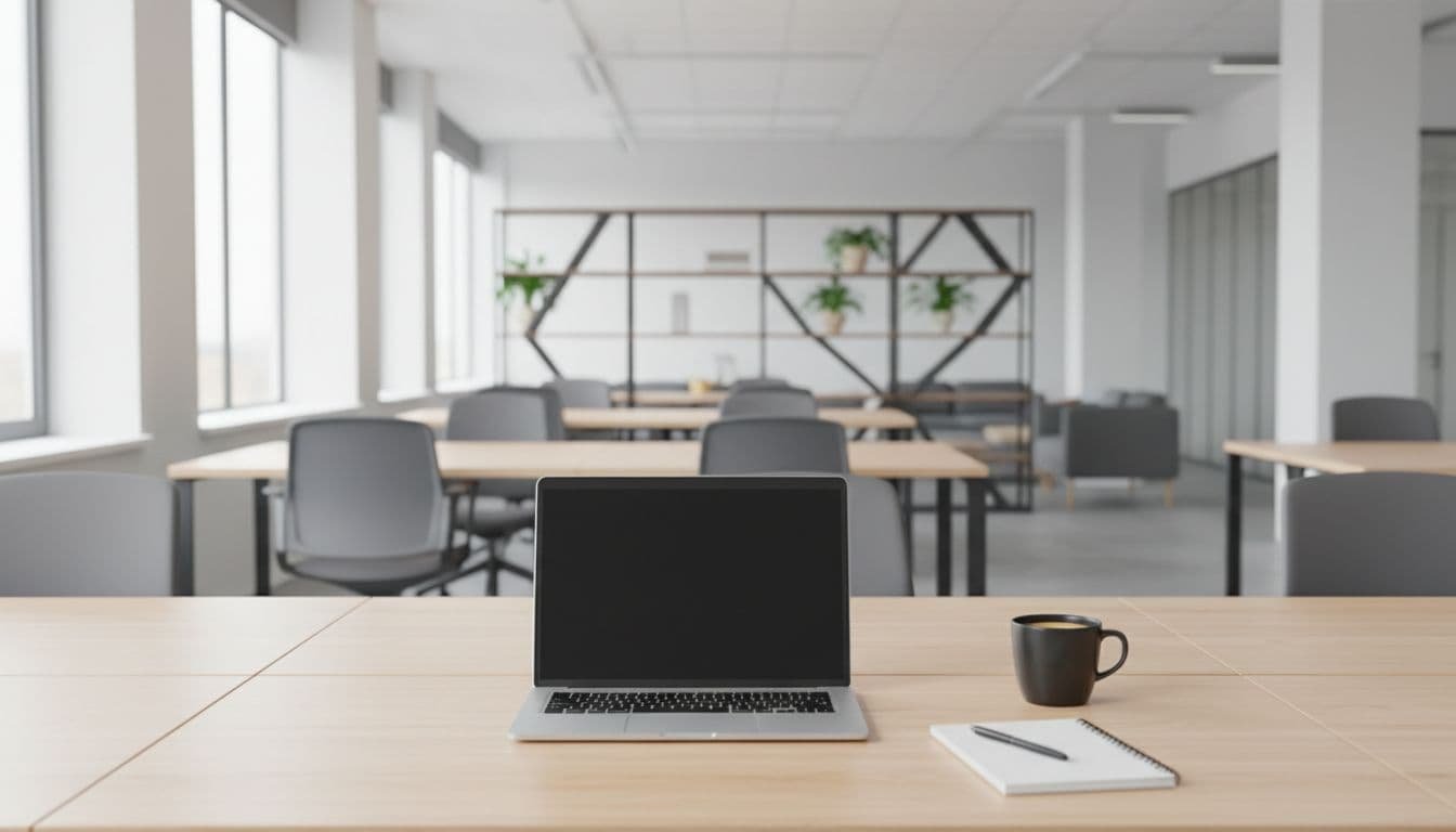 A light wood desk surface supports an open laptop, a spiral-bound notepad, and a steaming ceramic mug. Natural light illuminates the minimalist workspace, creating a clean environment for corporate digital tasks.